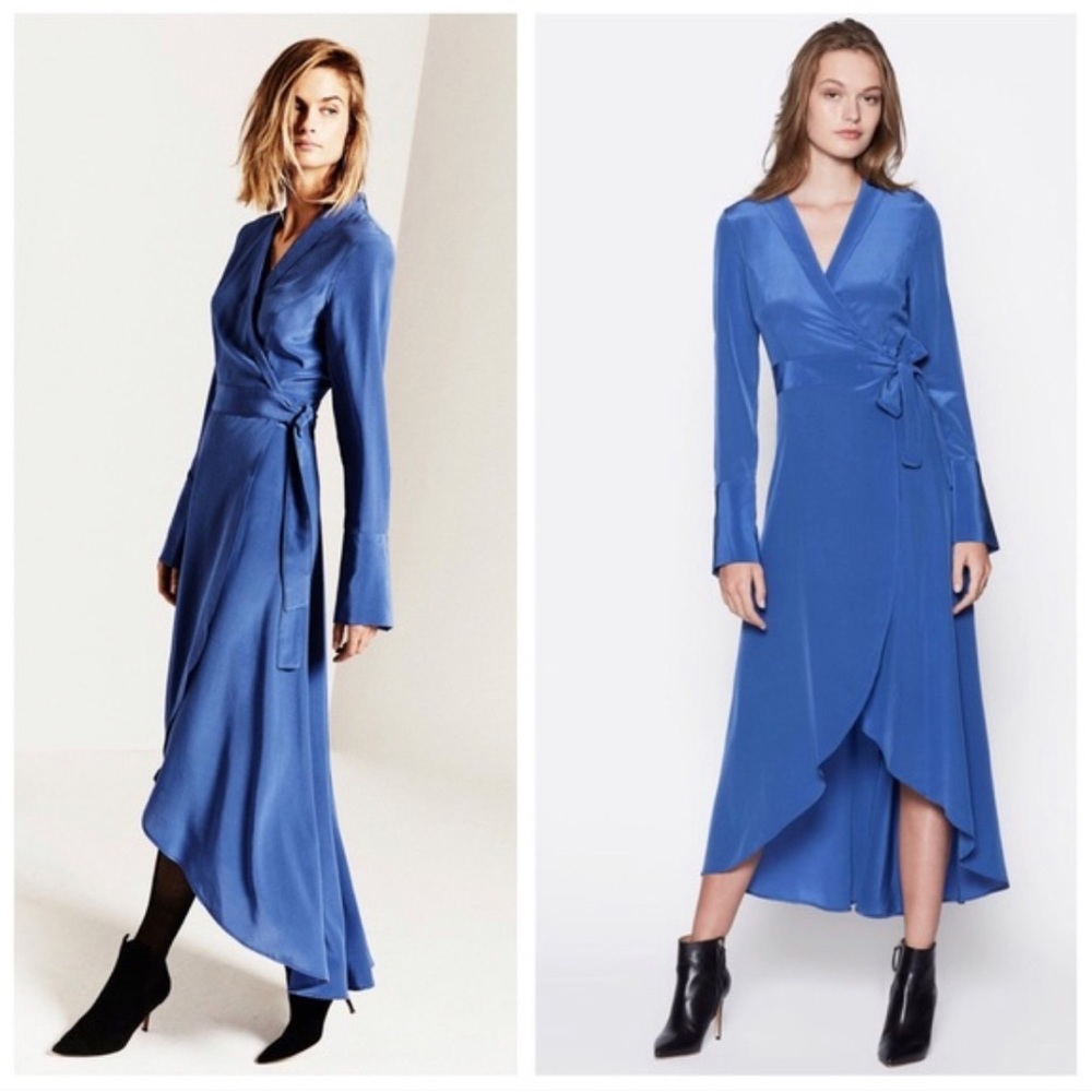 SOLD Equipment Blue Silk Wrap Dress - Picture 1 of 11